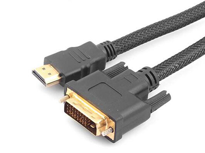 HDMI connector and DVI connector with fixing screws on a braided cable