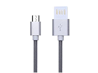 Silver-coloured USB-A and Micro-USB connectors with a dark braided cable