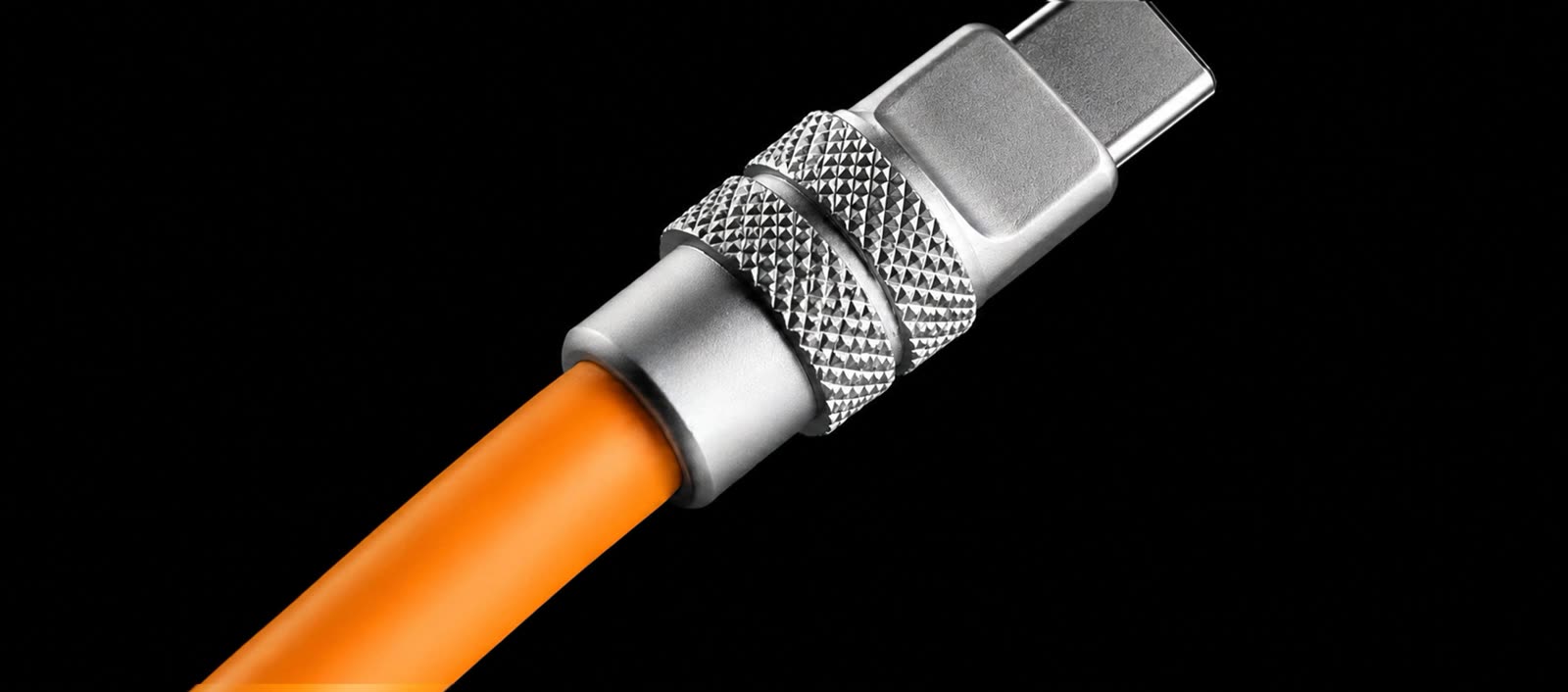 Close-up rendering of an orange cable and textured metal connector